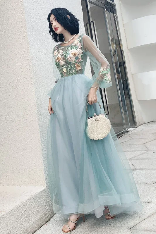 Elegant Long Sleeves Appliqued Tulle Prom Dress, Floor Length Appliques Evening Dress Tunics Trousers formal Elegant Long Sleeves Appliqued Tulle Prom Dress, Floor Length Appliques Evening Dress Tunics Trousers formal