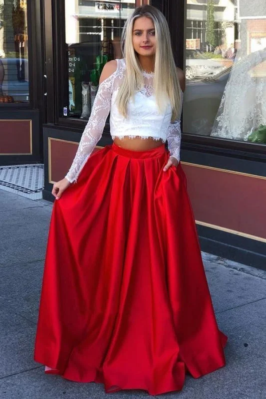 Fabulous Exquisite Precious Two Piece Cold Shoulder Prom Dress with Lace Long Sleeve Red Satin Party Dresses Tunics Versatile stylish