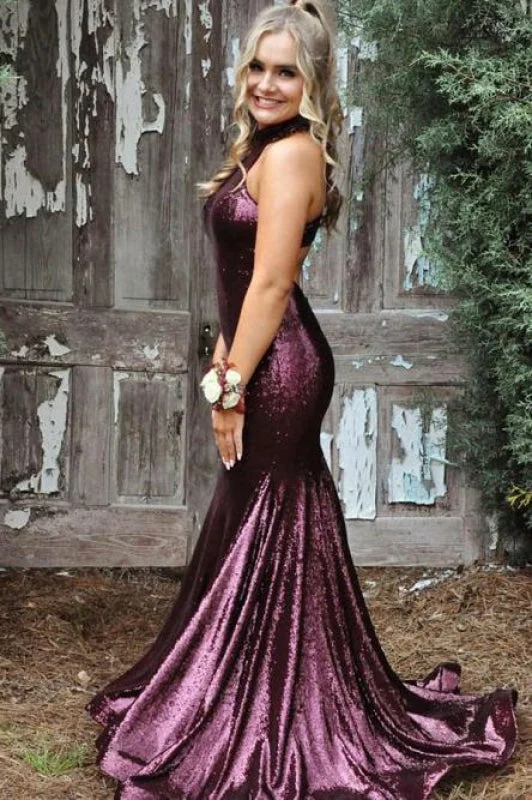 Glitter Sequin High Neck Mermaid Prom Dresses Purple Evening Dress with Train Tunics Designer luxury