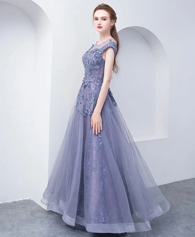 Gray Blue Round Neck Tulle Lace Long Prom Dress, Gray Blue Evening Dress Tunics Review highly