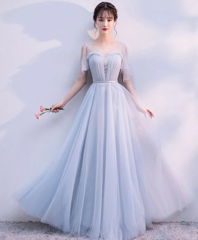 Gray V Neck Tulle Long Prom Dress, Gray Tulle Evening Dress Tunics Polka dots