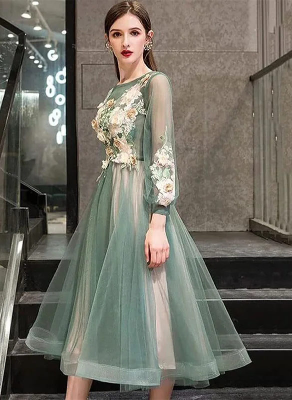 Green Round Neckline Tea Length Floral Wedding Party Dress, Green Prom Dress Crew Neckline Casual Green Round Neckline Tea Length Floral Wedding Party Dress, Green Prom Dress Crew Neckline Casual