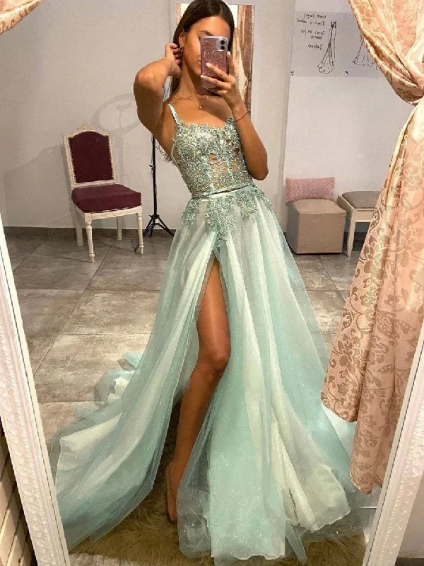 Green sweetheart tulle lace long prom dress, green evening dress Bodycon Fitted Nightout