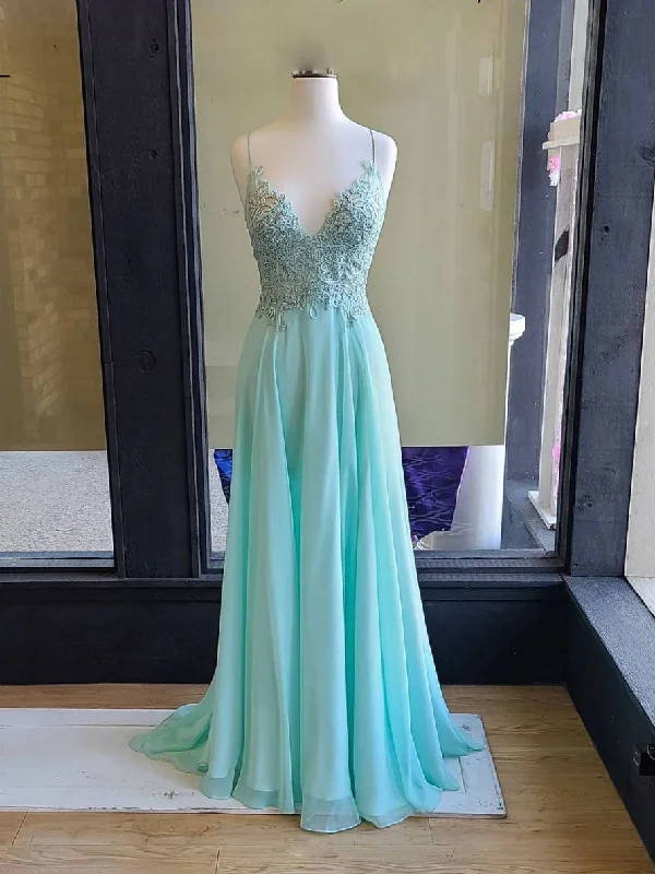 Green v neck lace chiffon long prom dress, lace evening dress Tunics Print Colorful