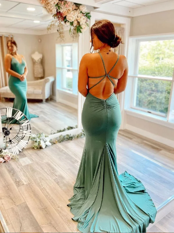 Green v neck mermaid long prom dress, green evening dress Tunics Office stylish