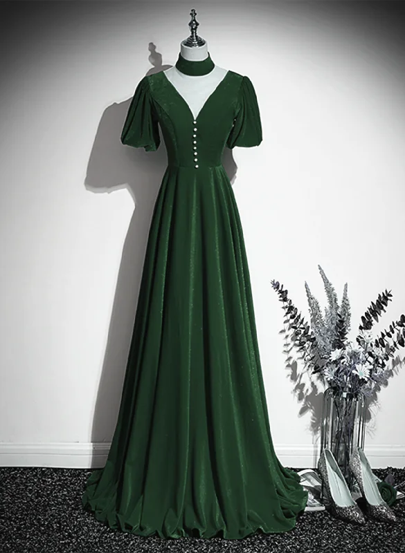Green Velvet A-line Short Sleeves Long Party Dress, Green Long Prom Dress empire Waist empire Green Velvet A-line Short Sleeves Long Party Dress, Green Long Prom Dress empire Waist empire