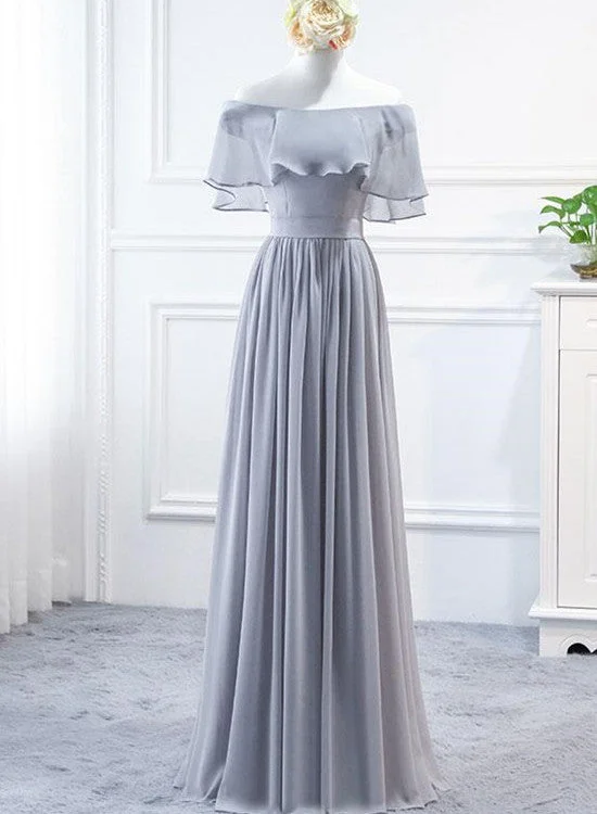 Grey Long Chiffon Off the Shoulder Bridesmaid Dress, Party Dress Square Neckline Feminine