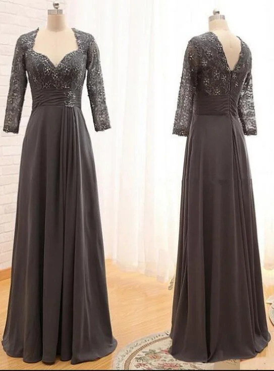 Grey Long Sleeves Chiffon with Lace Detail Wedding Party Dress, Long Formal Dress Tunics Recommended stylist