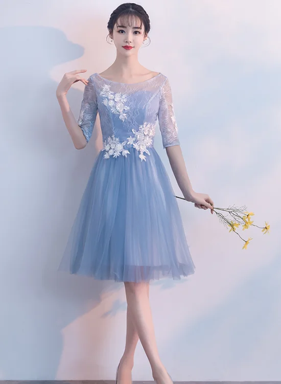 Light Blue Short Sleeves Tulle Party Dress , Tull Homecoming Dresses Tunics Ceremony elegant