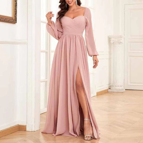 Long Sleeve Bridesmaid Dresses Pleated Chiffon Evening Dresses with Slit Tunics stripes playful Long Sleeve Bridesmaid Dresses Pleated Chiffon Evening Dresses with Slit Tunics stripes playful