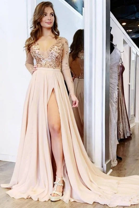 Long Sleeve Pretty V Neck Prom Elegant Split Evening Dresses Tunics Cozy soft