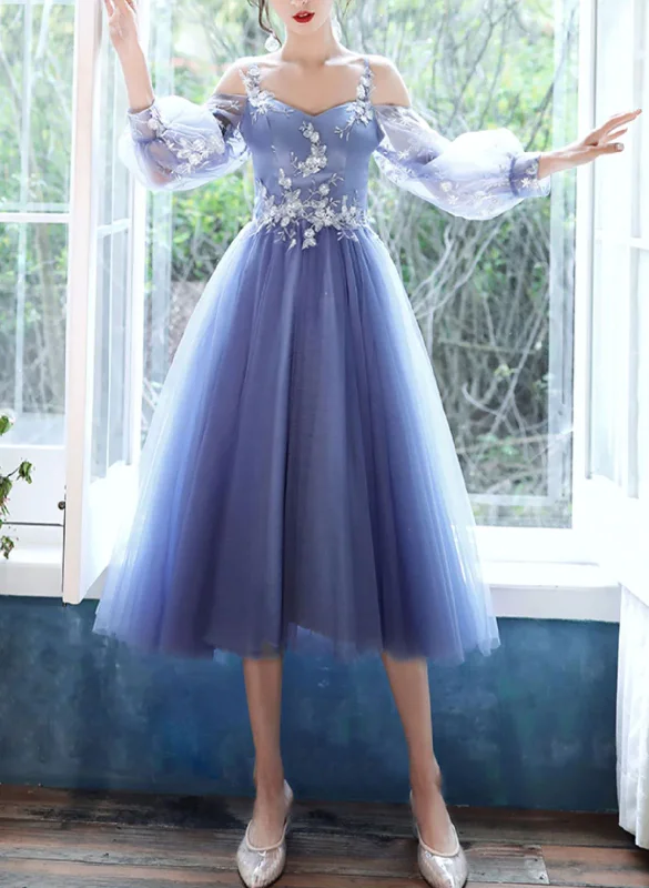 Lovely Blue Short Tea Length Party Dress, Puffy Sleeves Tulle Formal Dress Tunics Bridal satin Lovely Blue Short Tea Length Party Dress, Puffy Sleeves Tulle Formal Dress Tunics Bridal satin