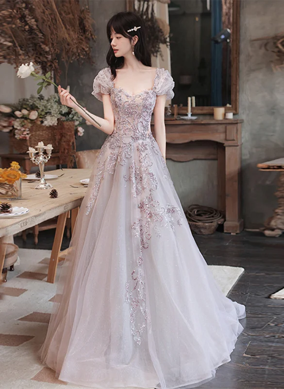Lovely Tulle Short Sleeves Long A-line Party Dress, Tulle Evening Dress Prom Dress Off-the-shoulder Chic Trendy Lovely Tulle Short Sleeves Long A-line Party Dress, Tulle Evening Dress Prom Dress Off-the-shoulder Chic Trendy