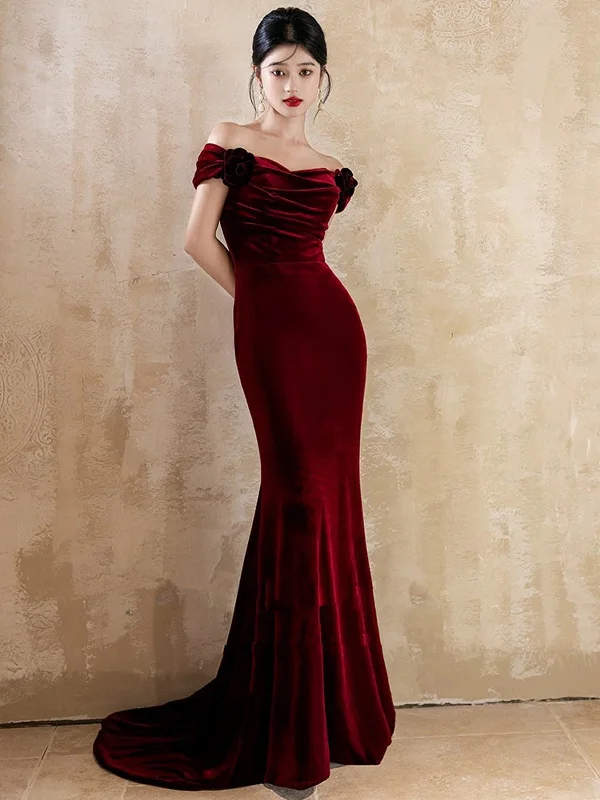 Lovely Velvet Mermaid Off Shoulder Long Prom Dress, Wine Red Wedding Party Dress Tunics Trousers formal Lovely Velvet Mermaid Off Shoulder Long Prom Dress, Wine Red Wedding Party Dress Tunics Trousers formal