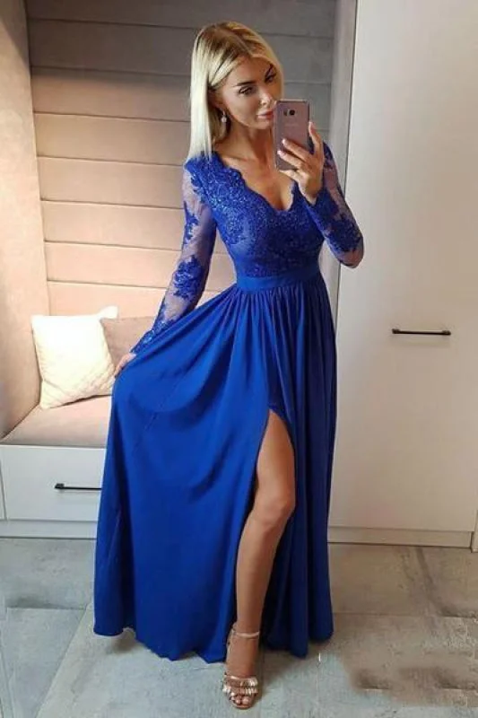 Modest Awesome Affordable Royal Blue V Neck Long Sleeve Prom Floor Length Split Evening Dress with Lace empire Waist empire