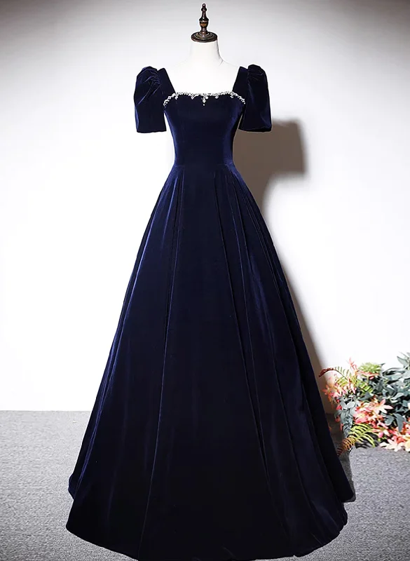 Navy Blue A-line Short Sleeves Velvet Party Dress, Navy Blue Long Prom Dress Pleated Skirt Elegant Navy Blue A-line Short Sleeves Velvet Party Dress, Navy Blue Long Prom Dress Pleated Skirt Elegant