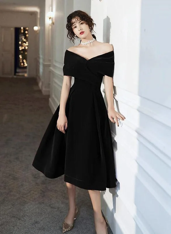 Off Shoulder Black Velvet Tea Length Party Dress, Off Shoulder Velvet Homecoming Dress Tunics Stylish modern Off Shoulder Black Velvet Tea Length Party Dress, Off Shoulder Velvet Homecoming Dress Tunics Stylish modern