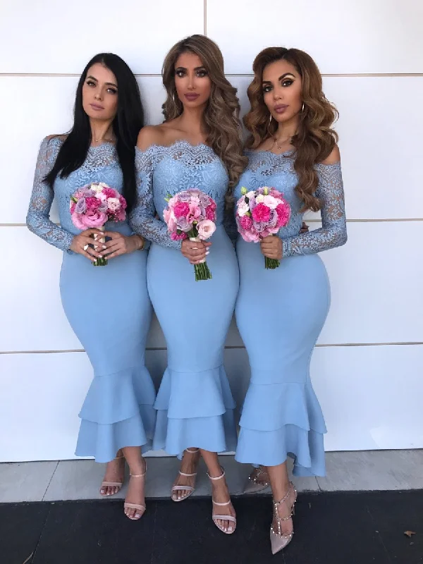 off the shoulder blue bridesmaid dresses short 2020 lace appliqué mermaid vintage wedding party dress Cowl Neckline Elegant off the shoulder blue bridesmaid dresses short 2020 lace appliqué mermaid vintage wedding party dress Cowl Neckline Elegant