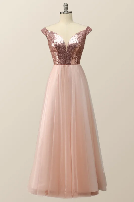 Off the Shoulder Rose Gols Sequin and Tulle Long Party Dress Square Neckline Feminine Off the Shoulder Rose Gols Sequin and Tulle Long Party Dress Square Neckline Feminine