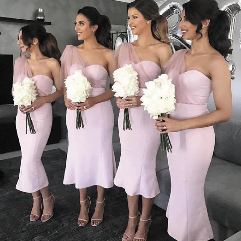 one shoulder pink bridesmaid dresses short mermaid satin cheap elegant wedding party dress Pleated Skirt Elegant one shoulder pink bridesmaid dresses short mermaid satin cheap elegant wedding party dress Pleated Skirt Elegant