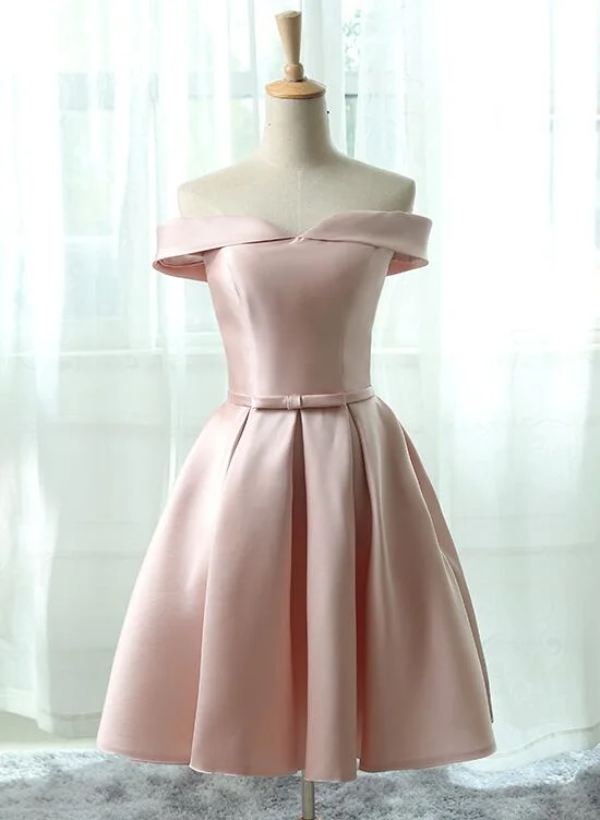 Pink Satin Off Shoulder Knee Length Party Dress, Cute Formal Dress Tunics Chic elegant