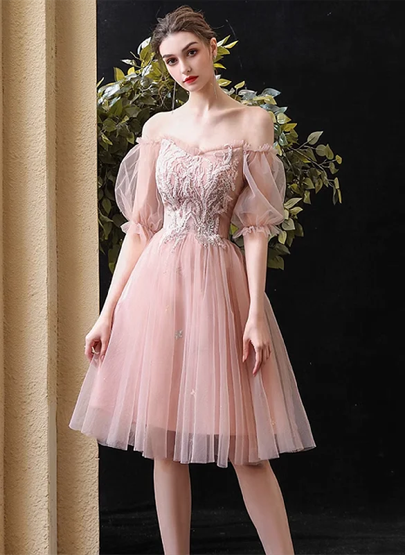 Pink Sweetheart Off Shoulder Knee Length Party Dress, Pink Tulle Homecoming Dress Tunics Fashionable trendy Pink Sweetheart Off Shoulder Knee Length Party Dress, Pink Tulle Homecoming Dress Tunics Fashionable trendy