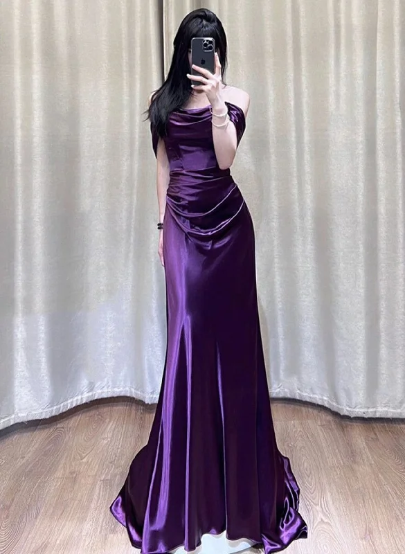 Purple Satin Off Shoulder Long Evening Dress, Purple Satin Prom Dress Tunics Luxurious premium Purple Satin Off Shoulder Long Evening Dress, Purple Satin Prom Dress Tunics Luxurious premium