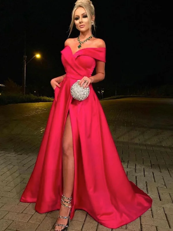 Red off shoulder satin long prom dress, red evening dress Tunics Chic elegant