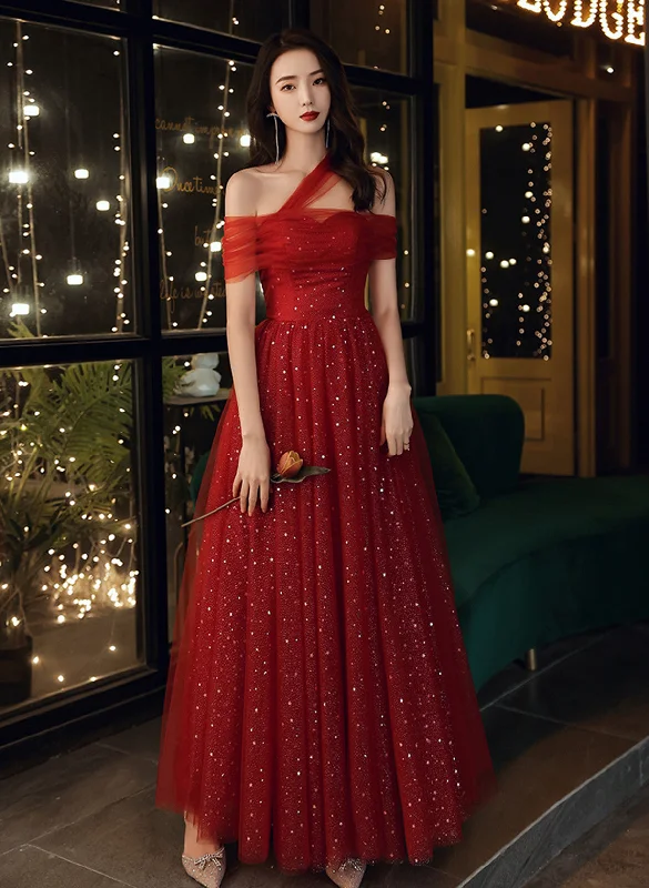 Red Off Shoulder Tulle Long Party Dress, Red A-line Tulle Formal Dress Prom Dress Tunics Stylish elegant Red Off Shoulder Tulle Long Party Dress, Red A-line Tulle Formal Dress Prom Dress Tunics Stylish elegant