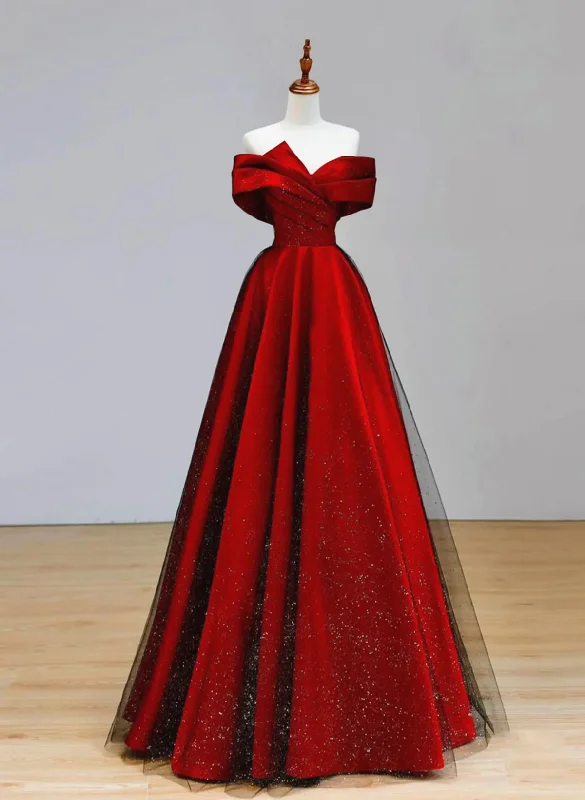 Red Satin and Black Tulle A-line Off Shoulder Party Dress, Simple A-line Prom Dress Tunics Versatile functional Red Satin and Black Tulle A-line Off Shoulder Party Dress, Simple A-line Prom Dress Tunics Versatile functional