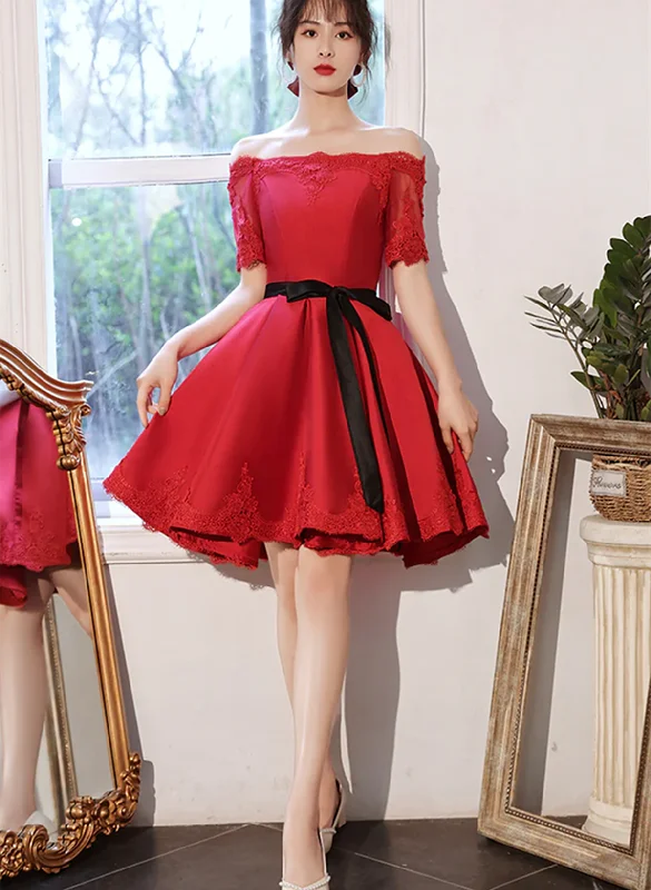 Red Satin Knee Length with Lace Party Dress, Red Short Homecoming Dress Tunics Essential wardrobe Red Satin Knee Length with Lace Party Dress, Red Short Homecoming Dress Tunics Essential wardrobe