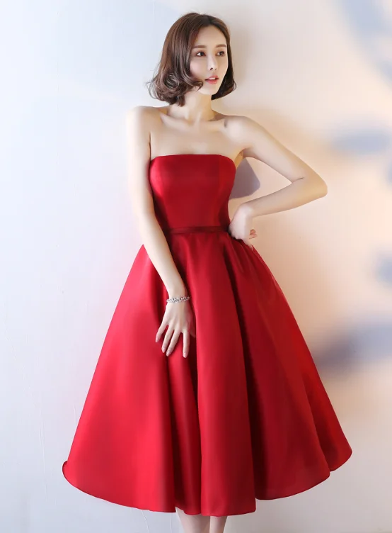 Red Satin Vintage Style Tea Length Evening Gown, Wedding Party Dress Tunics Spring floral