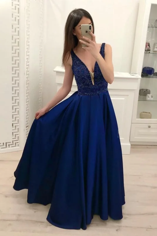 Royal Blue A Line Satin Prom Sparkly Beading Sleeveless Party Dresses Tunics Evening elegant