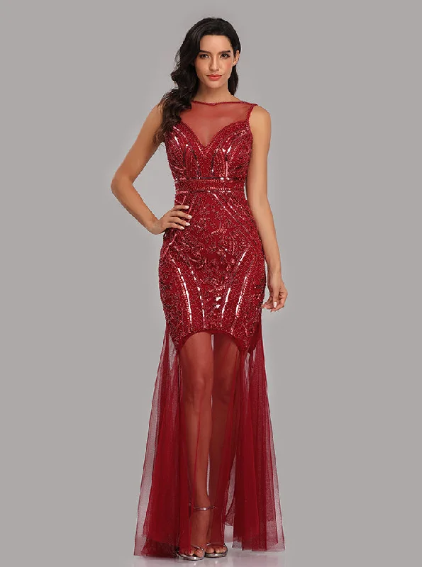 See-Through Bateau Burgundy Mermaid Prom Evening Dresses With Beading E90816 Crew Neckline Sporty See-Through Bateau Burgundy Mermaid Prom Evening Dresses With Beading E90816 Crew Neckline Sporty