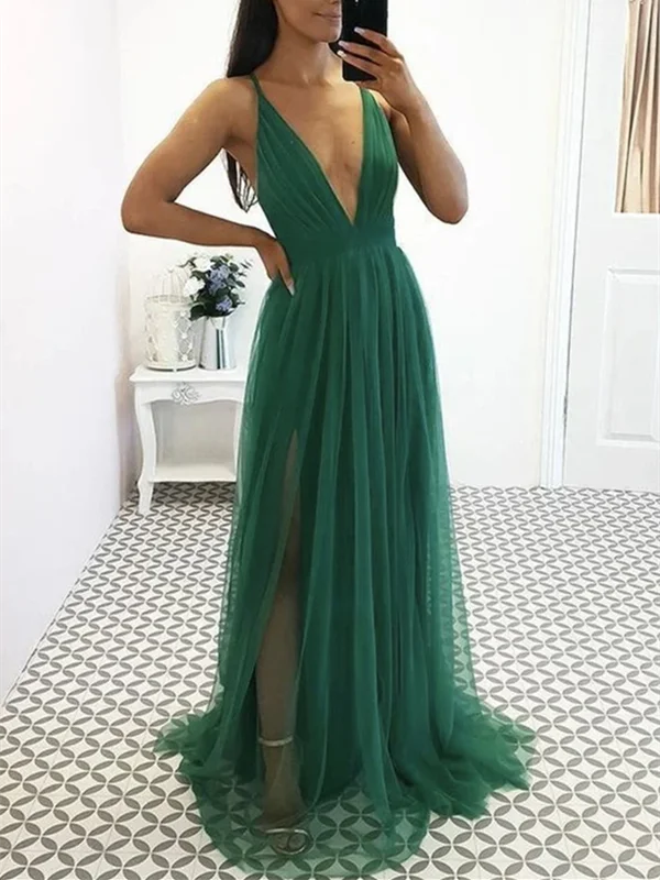 Sexy Deep  V Neck Green Tulle Long Prom Dresses, V Neck Green Formal Dresses, Green Tulle Evening Dresses Tunics Favorite customer