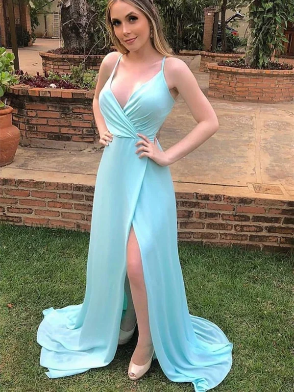 Sexy V Neck Backless Blue Long Prom Dresses with High Slit, V Neck Open Back Blue Formal Graduation Evening Dresses Tunics Bestseller popular