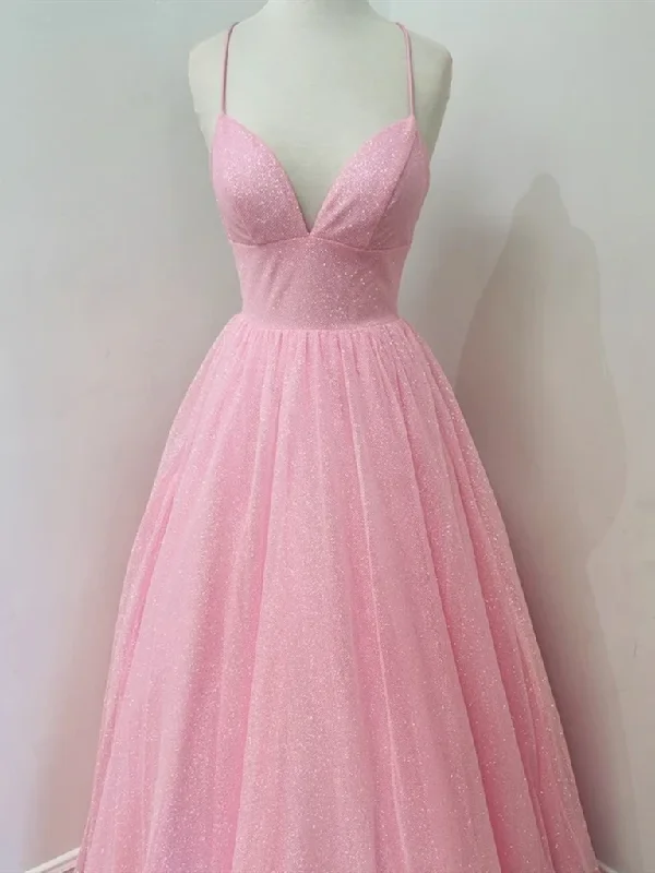 Shiny A Line V Neck Pink Long Prom Dresses,  A Line V Neck Pink Long Formal Evening Dresses Pencil Length Work