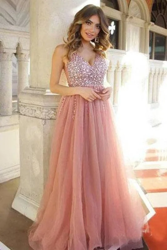 Shiny V Neck Tulle Long Prom Dresses A Line Sleeveless Sequins Party Dress Tunics Versatile functional