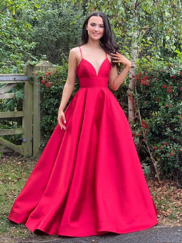 Simple A-line v neck satin long prom dress, red evening dress Off-the-shoulder Bohemian Festive