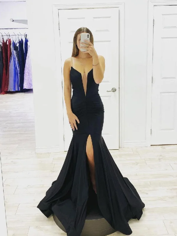 Simple Black satin long prom dress, black evening dress Lace Sexy Club