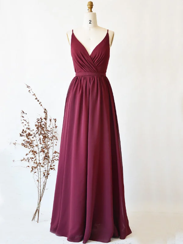 Simple burgundy chiffon lace long prom dress, burgundy evening dress Tunics Leisure comfortable