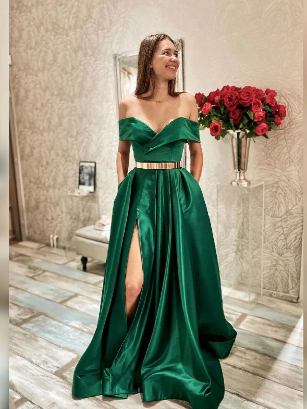 Simple green off shoulder satin  long prom dress, green evening dress Pleated Skirt Elegant