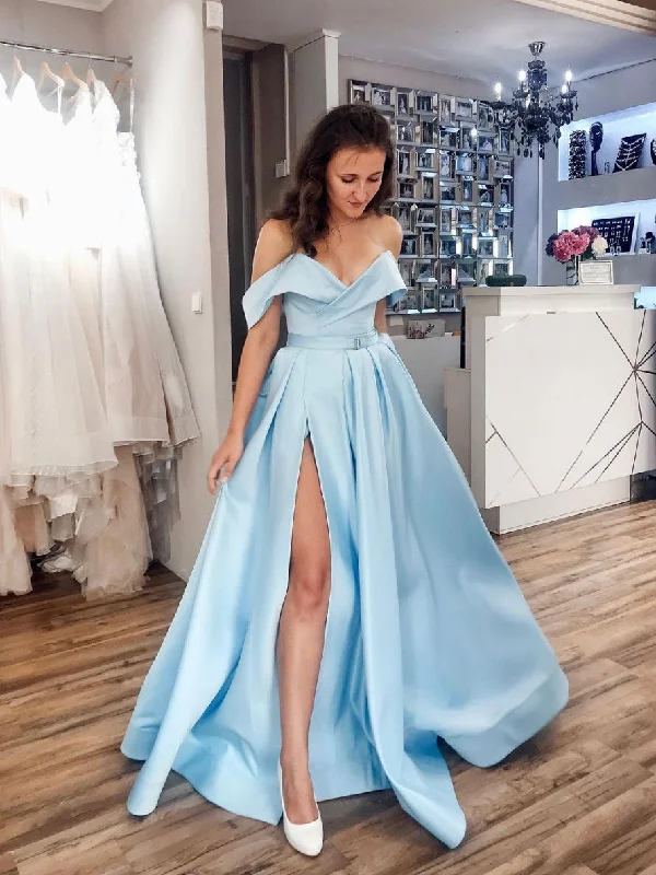 Simple off shoulder satin blue long prom dress, blue evening dress Tunics Mesh breathable