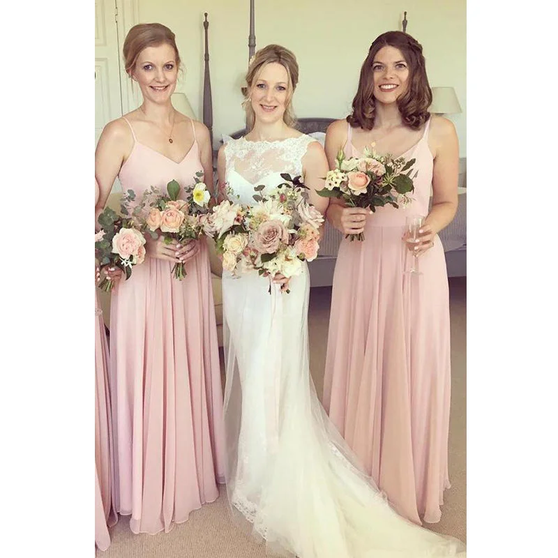 Simple Pink Straps V Neck Free Custom Chiffon Long Bridesmaid Dresses, Wedding Party Dress, WG506 High-Low Hemline Casual Simple Pink Straps V Neck Free Custom Chiffon Long Bridesmaid Dresses, Wedding Party Dress, WG506 High-Low Hemline Casual