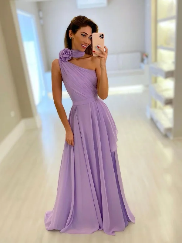 Simple purple one shoulder chiffon long prom dress, purple evening dress Tunics Floral girly