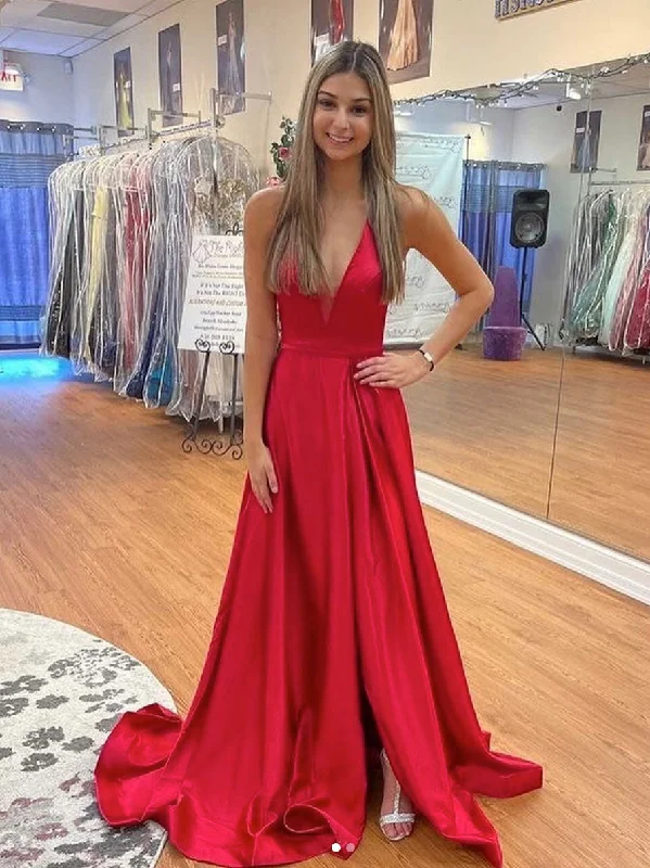 Simple red v neck satin long prom dress, red evening dress Tunics Top Casual