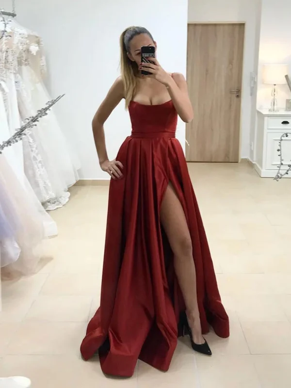 Simple Satin Burgundy Long Prom Dresses With High Leg Slit,  Burgundy Satin Formal Evening Dresses empire Waist empire