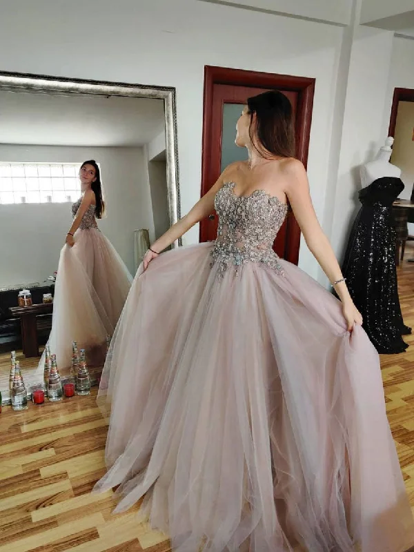 Simple sweetheart neck tulle lace long prom dress, tulle long evening dress Sequined Elegant Party