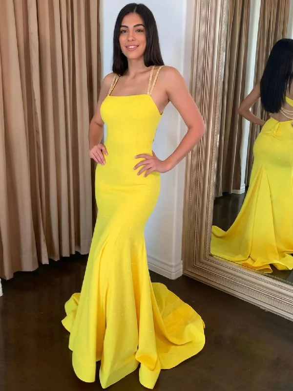 Simple yellow satin long prom dress, mermaid long evening dress Tunics Cozy soft