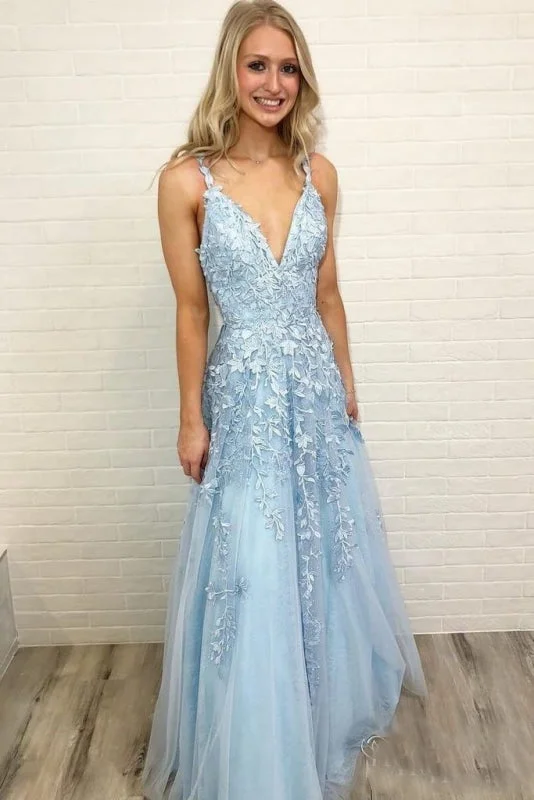 Sky Blue Straps Lace Prom Gown A Line Sleeveless Floor Length V Neck Tulle Party Dress Tunics Recommended stylist